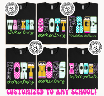 Custom School Neon Check & Pencil| Personalized School Spirit Shirt